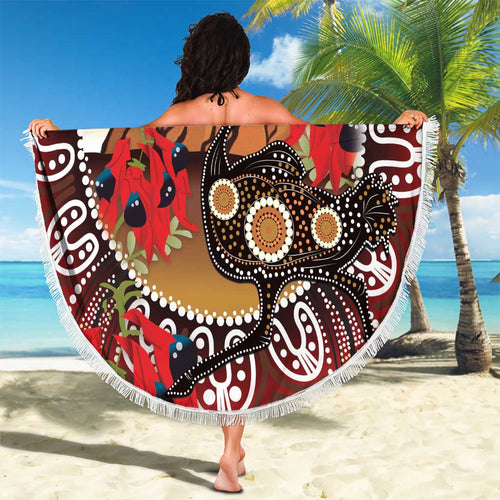 Sturt's Desert Pea And Emu Australia Beach Blanket Uluru Aboriginal Art