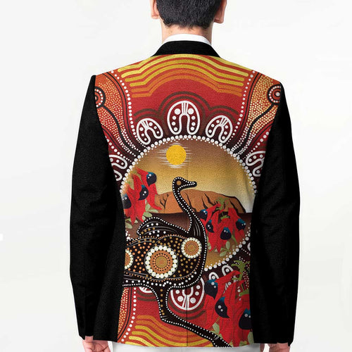Sturt's Desert Pea And Emu Australia Blazer Uluru Aboriginal Art - Aussie Hoodie