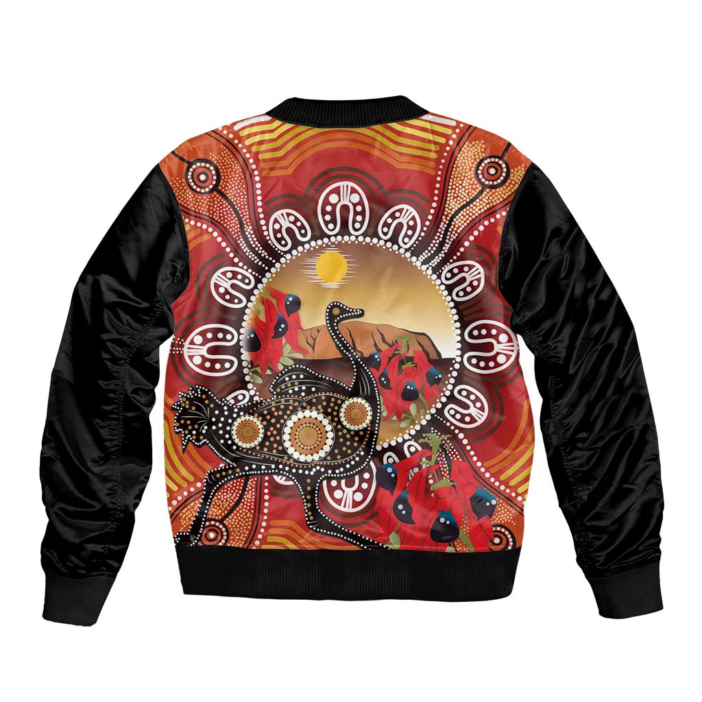 Sturt's Desert Pea And Emu Australia Bomber Jacket Uluru Aboriginal Art