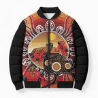 Sturt's Desert Pea And Emu Australia Bomber Puffer Jacket Uluru Aboriginal Art - Aussie Hoodie