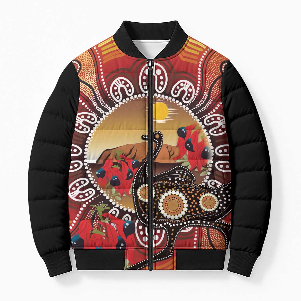 Sturt's Desert Pea And Emu Australia Bomber Puffer Jacket Uluru Aboriginal Art - Aussie Hoodie