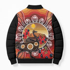 Sturt's Desert Pea And Emu Australia Bomber Puffer Jacket Uluru Aboriginal Art - Aussie Hoodie