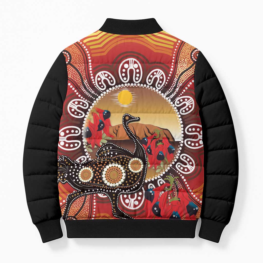 Sturt's Desert Pea And Emu Australia Bomber Puffer Jacket Uluru Aboriginal Art - Aussie Hoodie