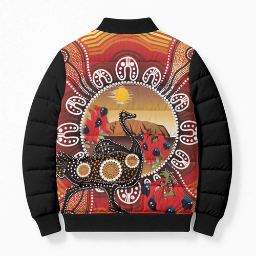 Sturt's Desert Pea And Emu Australia Bomber Puffer Jacket Uluru Aboriginal Art - Aussie Hoodie