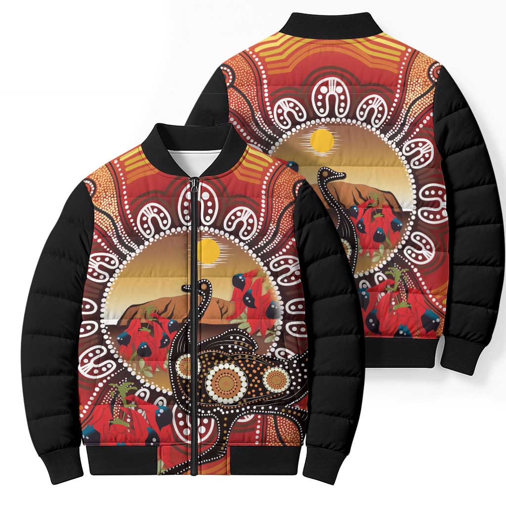 Sturt's Desert Pea And Emu Australia Bomber Puffer Jacket Uluru Aboriginal Art - Aussie Hoodie
