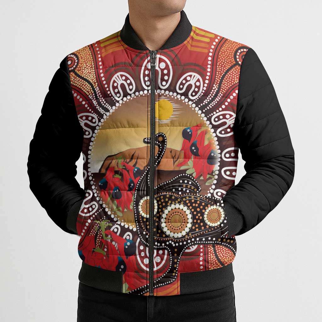 Sturt's Desert Pea And Emu Australia Bomber Puffer Jacket Uluru Aboriginal Art - Aussie Hoodie