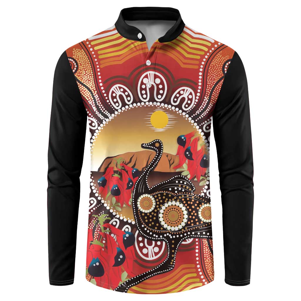 Sturt's Desert Pea And Emu Australia Button Sweatshirt Uluru Aboriginal Art