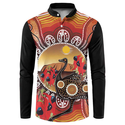 Sturt's Desert Pea And Emu Australia Button Sweatshirt Uluru Aboriginal Art