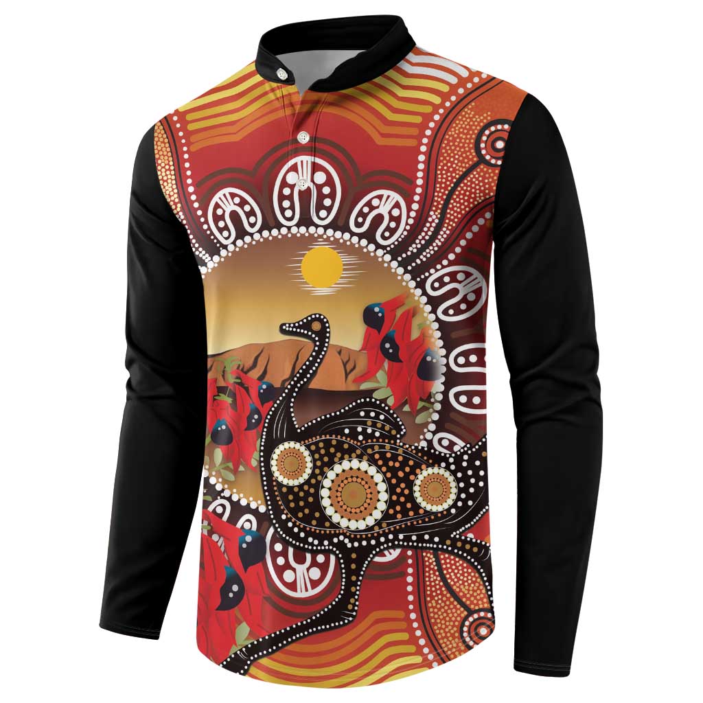 Sturt's Desert Pea And Emu Australia Button Sweatshirt Uluru Aboriginal Art