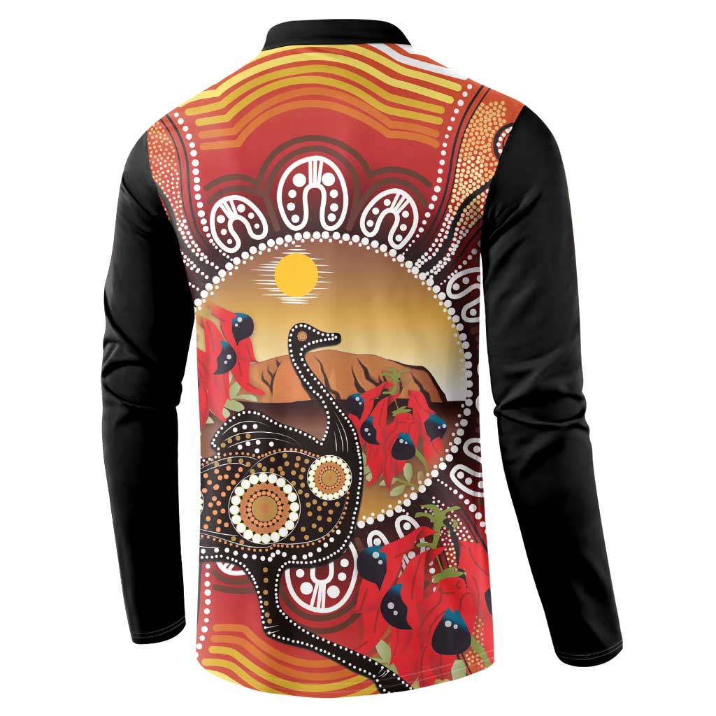 Sturt's Desert Pea And Emu Australia Button Sweatshirt Uluru Aboriginal Art