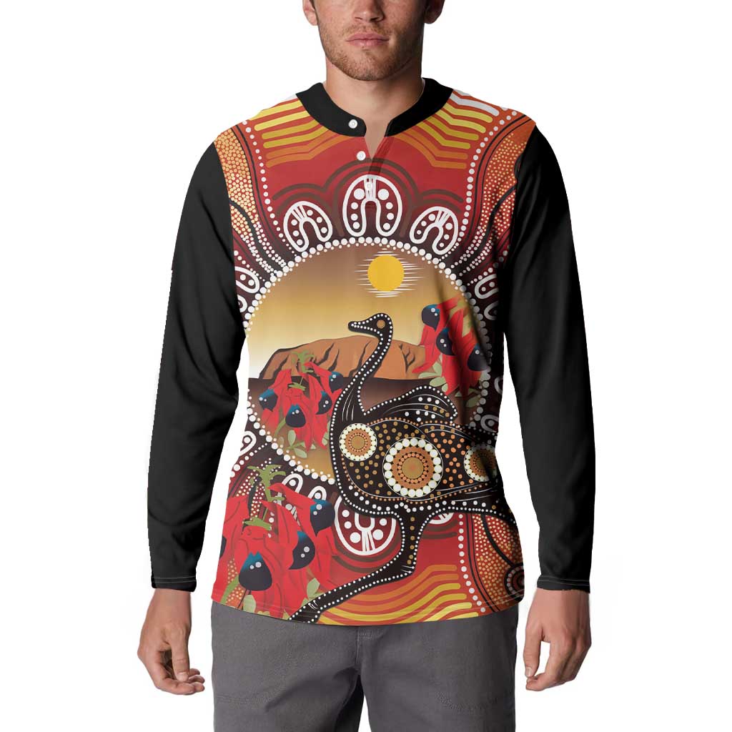 Sturt's Desert Pea And Emu Australia Button Sweatshirt Uluru Aboriginal Art