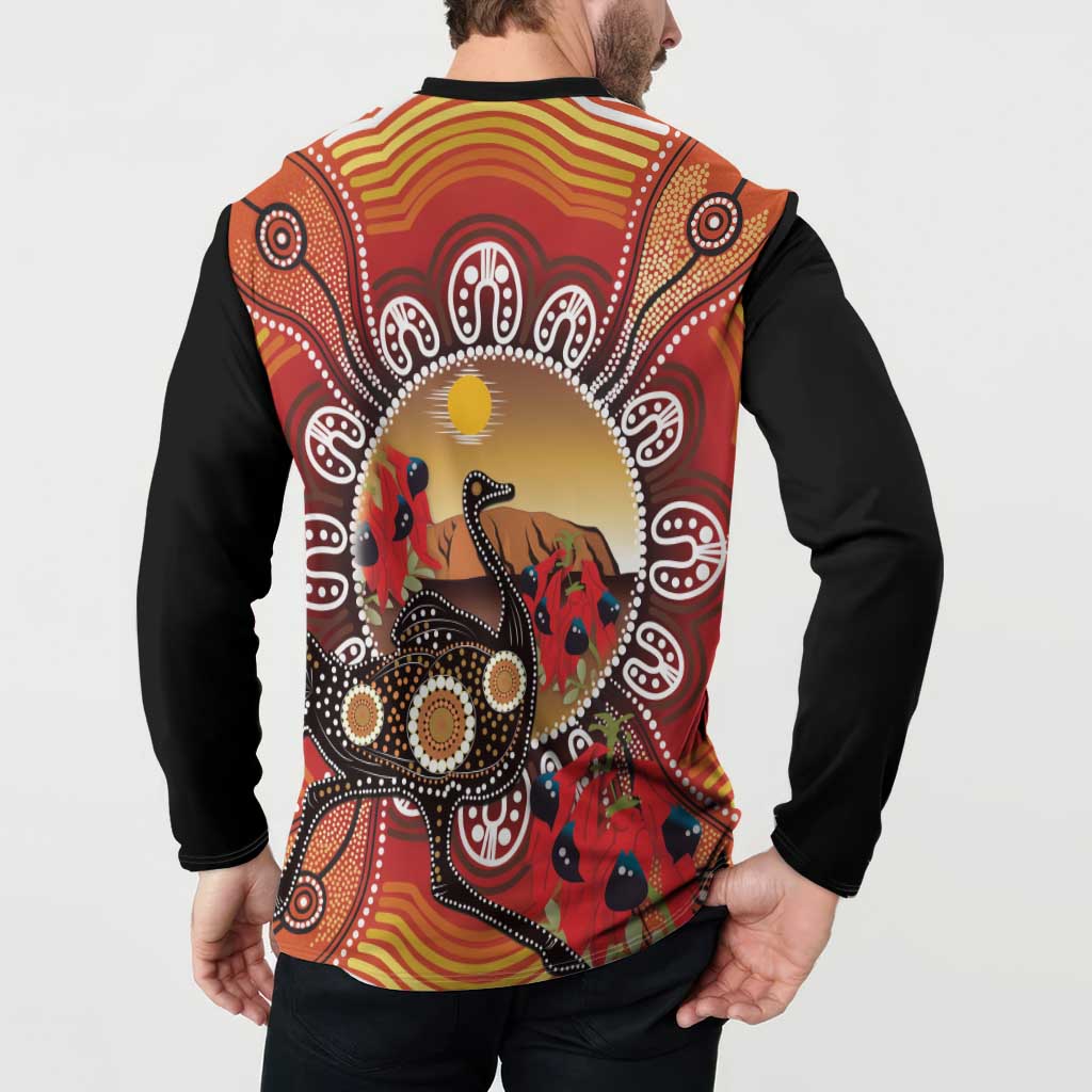 Sturt's Desert Pea And Emu Australia Button Sweatshirt Uluru Aboriginal Art