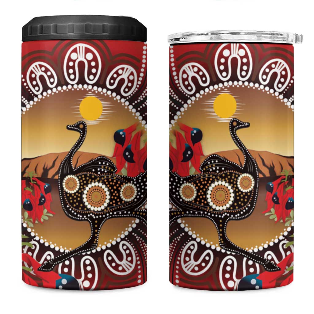 Sturt's Desert Pea And Emu Australia 4 in 1 Can Cooler Tumbler Uluru Aboriginal Art