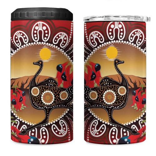 Sturt's Desert Pea And Emu Australia 4 in 1 Can Cooler Tumbler Uluru Aboriginal Art