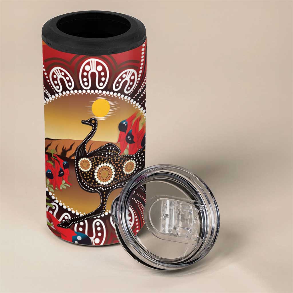 Sturt's Desert Pea And Emu Australia 4 in 1 Can Cooler Tumbler Uluru Aboriginal Art
