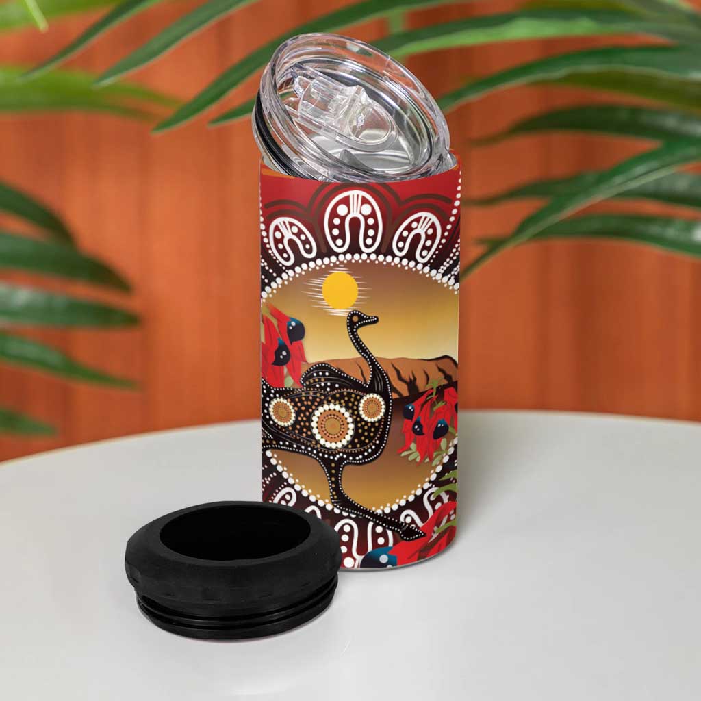 Sturt's Desert Pea And Emu Australia 4 in 1 Can Cooler Tumbler Uluru Aboriginal Art