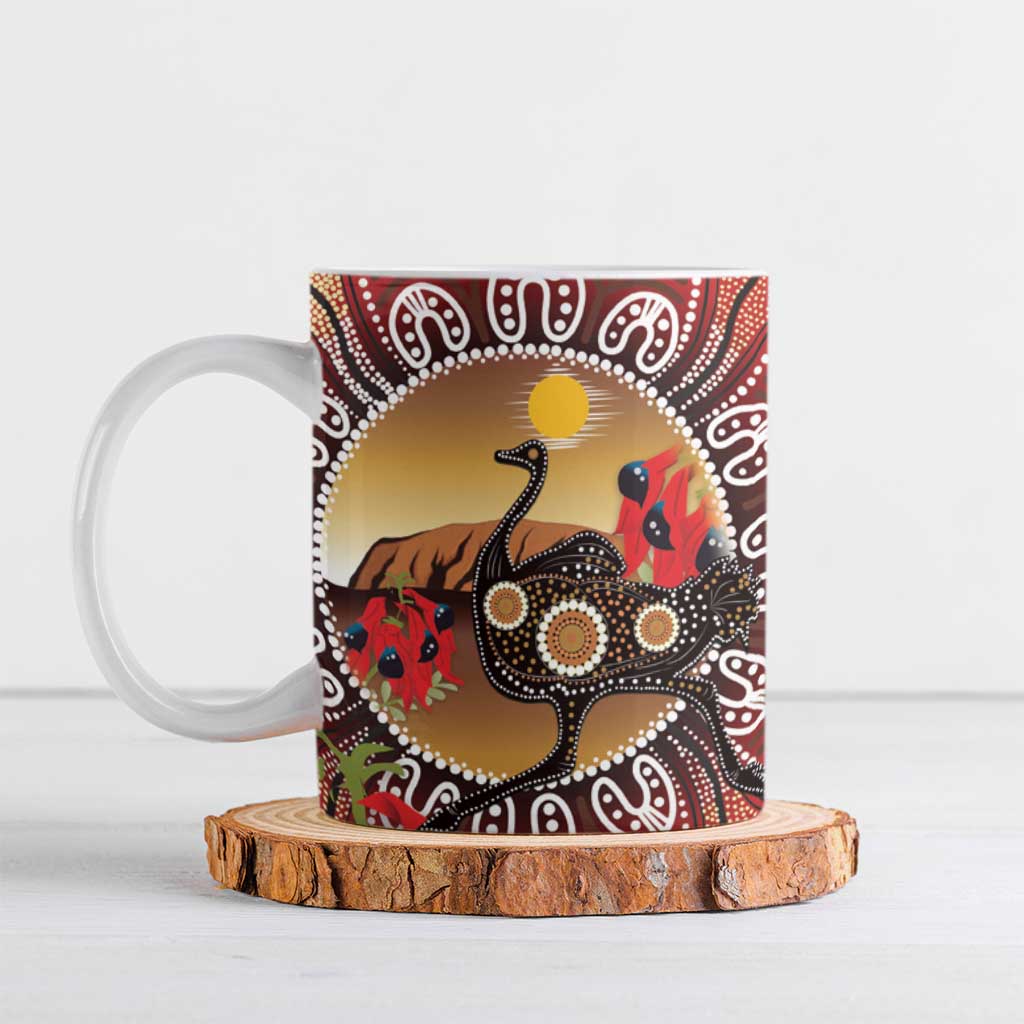 Sturt's Desert Pea And Emu Australia Ceramic Mug Uluru Aboriginal Art - Aussie Hoodie