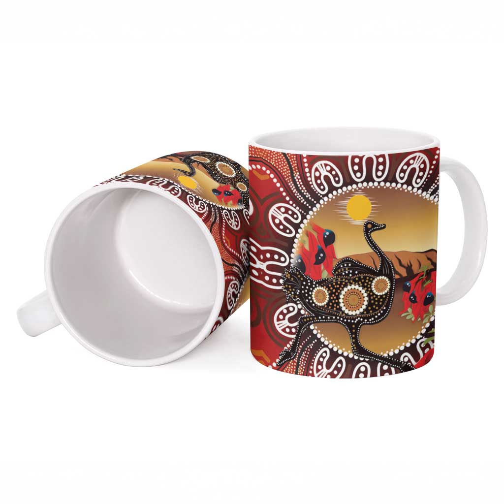 Sturt's Desert Pea And Emu Australia Ceramic Mug Uluru Aboriginal Art - Aussie Hoodie