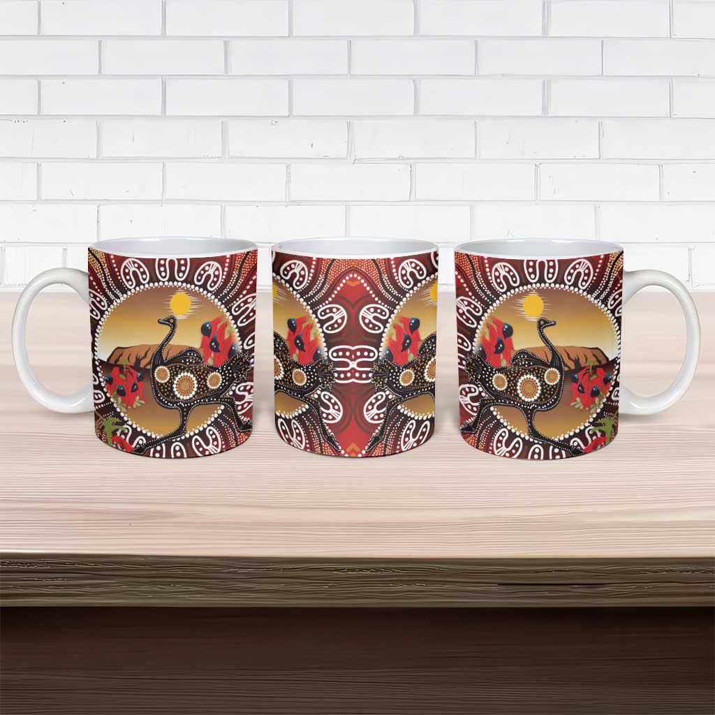Sturt's Desert Pea And Emu Australia Ceramic Mug Uluru Aboriginal Art - Aussie Hoodie