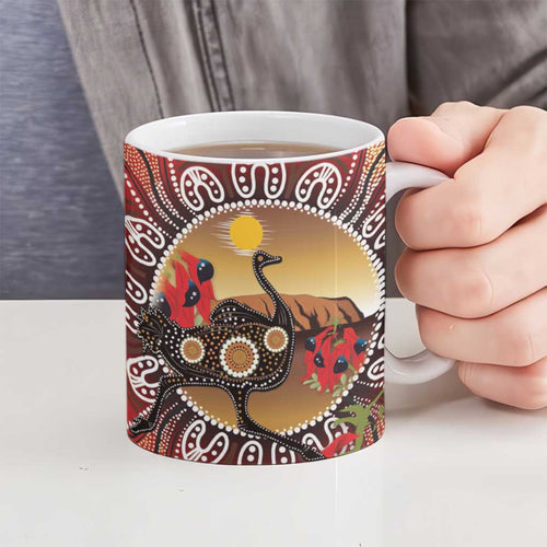 Sturt's Desert Pea And Emu Australia Ceramic Mug Uluru Aboriginal Art - Aussie Hoodie