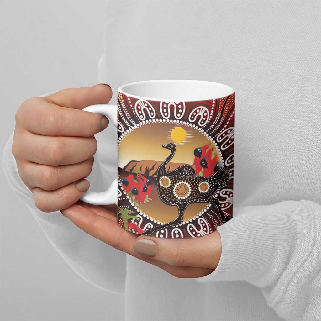Sturt's Desert Pea And Emu Australia Ceramic Mug Uluru Aboriginal Art - Aussie Hoodie