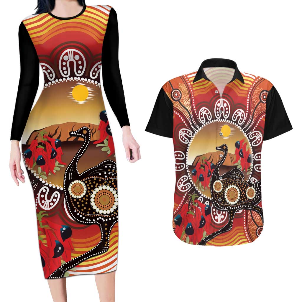 Sturt's Desert Pea And Emu Australia Couples Matching Long Sleeve Bodycon Dress and Hawaiian Shirt Uluru Aboriginal Art