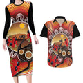 Sturt's Desert Pea And Emu Australia Couples Matching Long Sleeve Bodycon Dress and Hawaiian Shirt Uluru Aboriginal Art