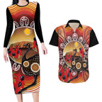 Sturt's Desert Pea And Emu Australia Couples Matching Long Sleeve Bodycon Dress and Hawaiian Shirt Uluru Aboriginal Art