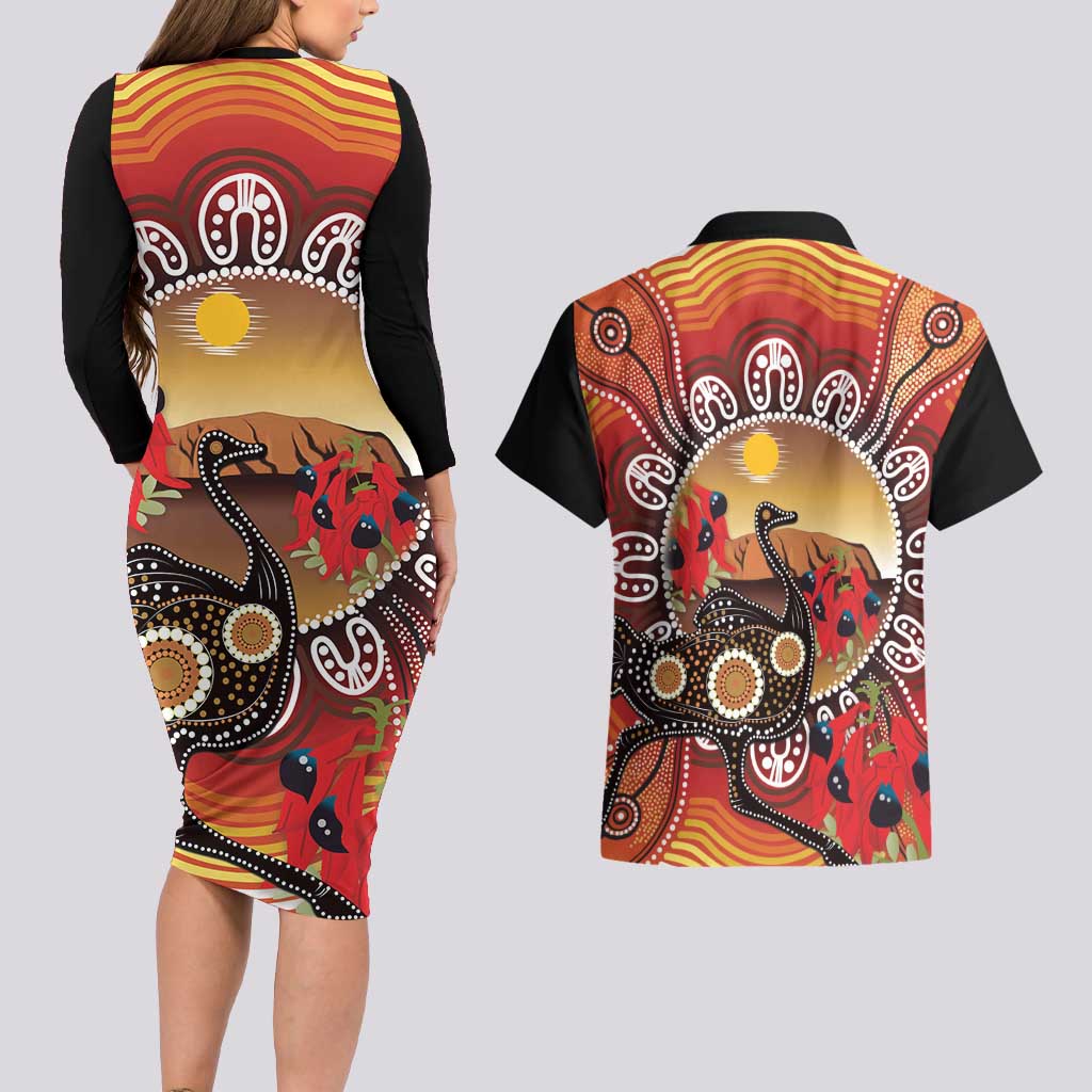 Sturt's Desert Pea And Emu Australia Couples Matching Long Sleeve Bodycon Dress and Hawaiian Shirt Uluru Aboriginal Art