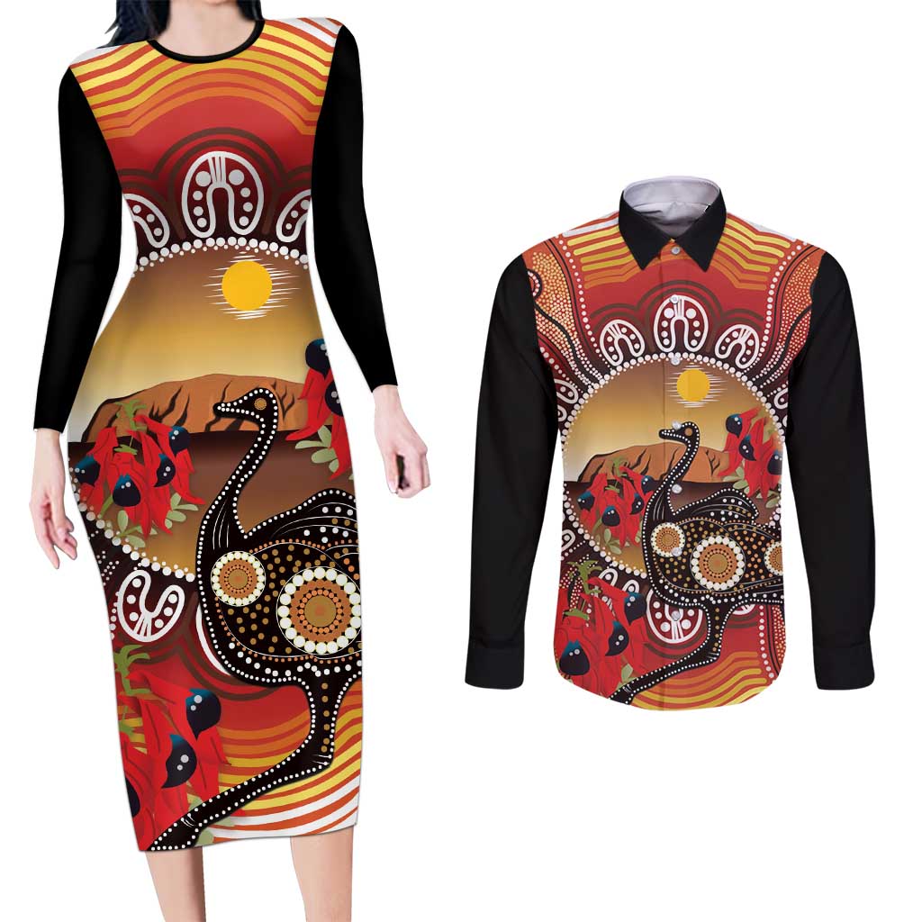 Sturt's Desert Pea And Emu Australia Couples Matching Long Sleeve Bodycon Dress and Long Sleeve Button Shirt Uluru Aboriginal Art