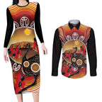 Sturt's Desert Pea And Emu Australia Couples Matching Long Sleeve Bodycon Dress and Long Sleeve Button Shirt Uluru Aboriginal Art