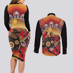 Sturt's Desert Pea And Emu Australia Couples Matching Long Sleeve Bodycon Dress and Long Sleeve Button Shirt Uluru Aboriginal Art