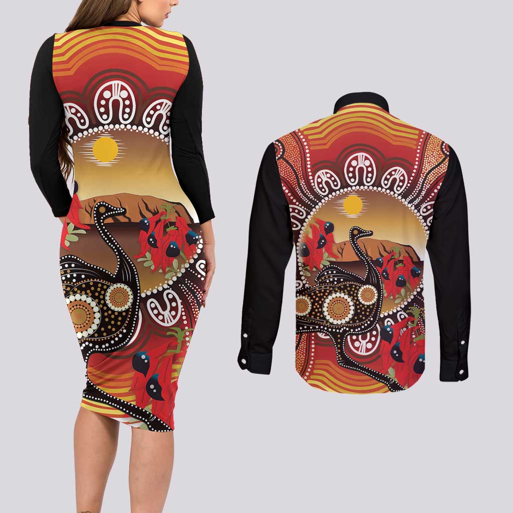 Sturt's Desert Pea And Emu Australia Couples Matching Long Sleeve Bodycon Dress and Long Sleeve Button Shirt Uluru Aboriginal Art