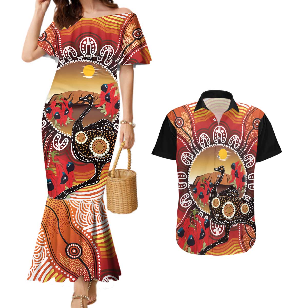 Sturt's Desert Pea And Emu Australia Couples Matching Mermaid Dress and Hawaiian Shirt Uluru Aboriginal Art