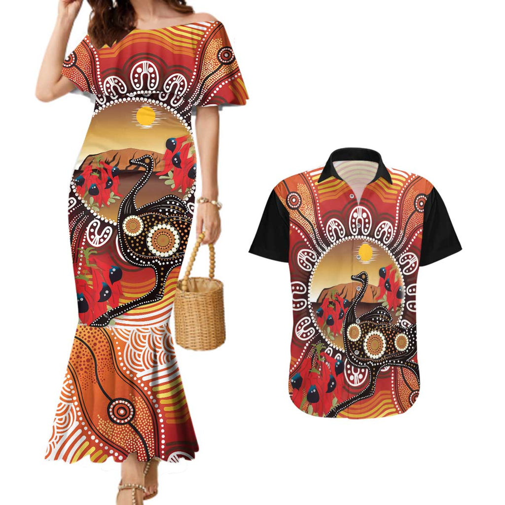 Sturt's Desert Pea And Emu Australia Couples Matching Mermaid Dress and Hawaiian Shirt Uluru Aboriginal Art