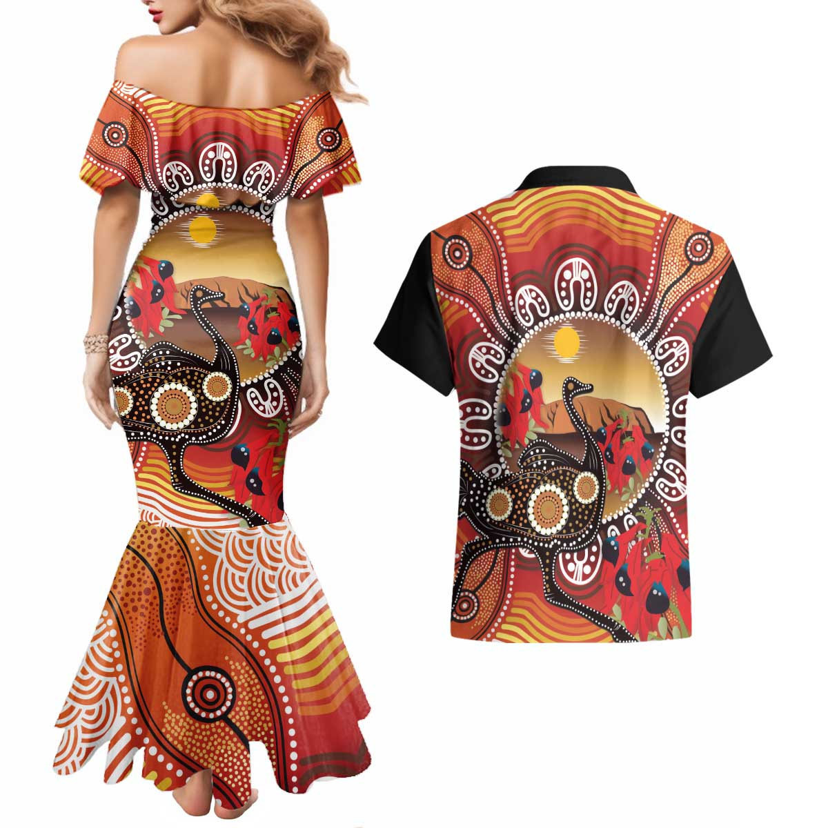 Sturt's Desert Pea And Emu Australia Couples Matching Mermaid Dress and Hawaiian Shirt Uluru Aboriginal Art