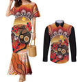 Sturt's Desert Pea And Emu Australia Couples Matching Mermaid Dress and Long Sleeve Button Shirt Uluru Aboriginal Art