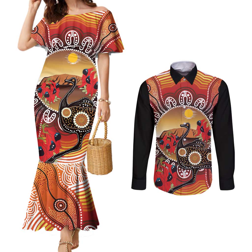 Sturt's Desert Pea And Emu Australia Couples Matching Mermaid Dress and Long Sleeve Button Shirt Uluru Aboriginal Art