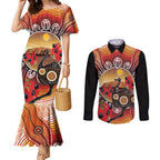 Sturt's Desert Pea And Emu Australia Couples Matching Mermaid Dress and Long Sleeve Button Shirt Uluru Aboriginal Art