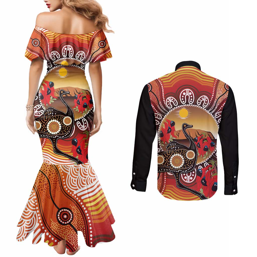Sturt's Desert Pea And Emu Australia Couples Matching Mermaid Dress and Long Sleeve Button Shirt Uluru Aboriginal Art