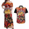 Sturt's Desert Pea And Emu Australia Couples Matching Off Shoulder Maxi Dress and Hawaiian Shirt Uluru Aboriginal Art