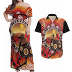 Sturt's Desert Pea And Emu Australia Couples Matching Off Shoulder Maxi Dress and Hawaiian Shirt Uluru Aboriginal Art