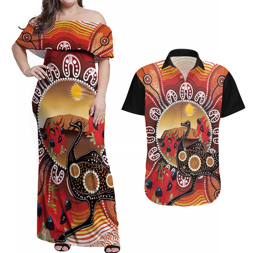 Sturt's Desert Pea And Emu Australia Couples Matching Off Shoulder Maxi Dress and Hawaiian Shirt Uluru Aboriginal Art