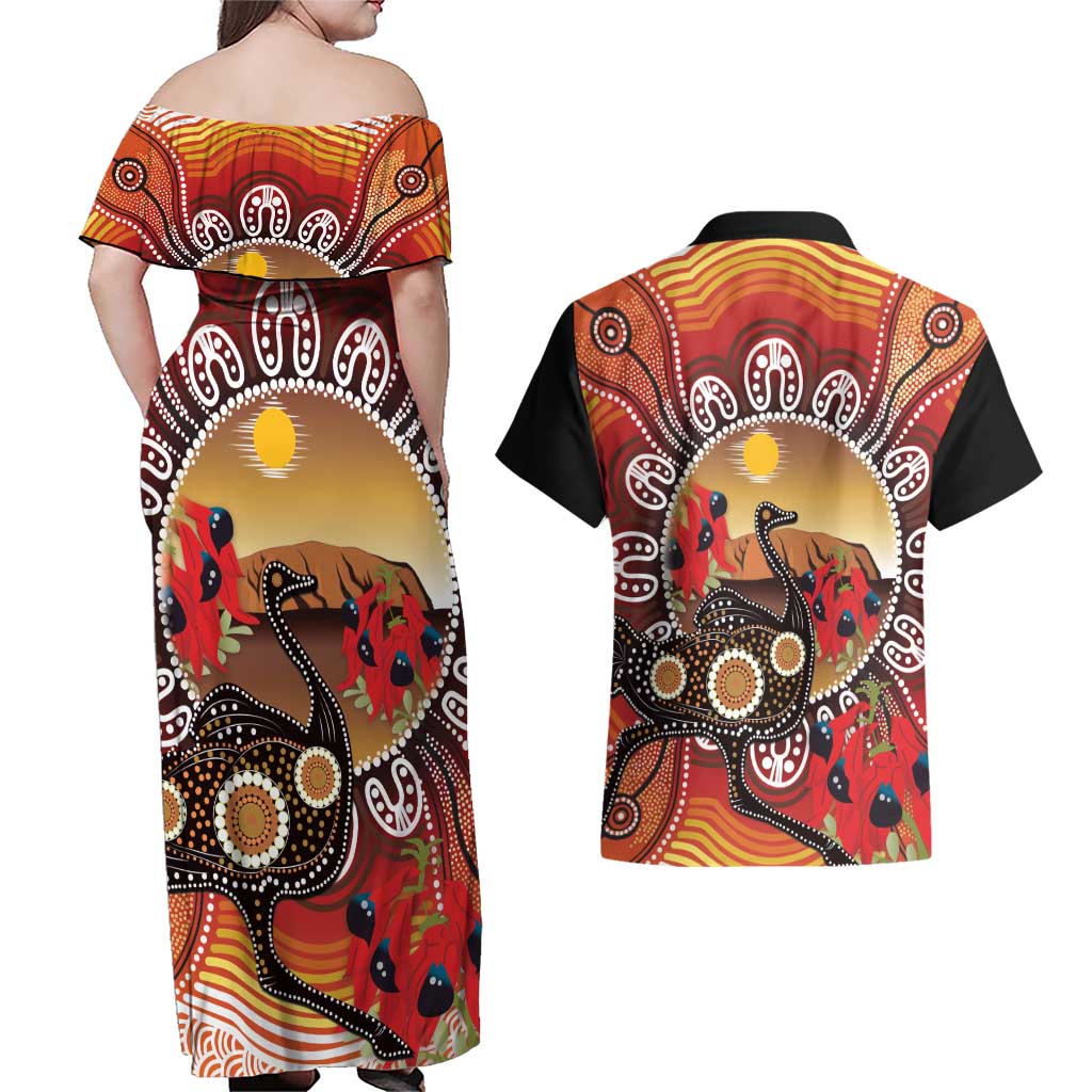 Sturt's Desert Pea And Emu Australia Couples Matching Off Shoulder Maxi Dress and Hawaiian Shirt Uluru Aboriginal Art