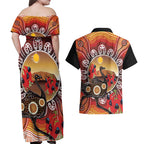 Sturt's Desert Pea And Emu Australia Couples Matching Off Shoulder Maxi Dress and Hawaiian Shirt Uluru Aboriginal Art