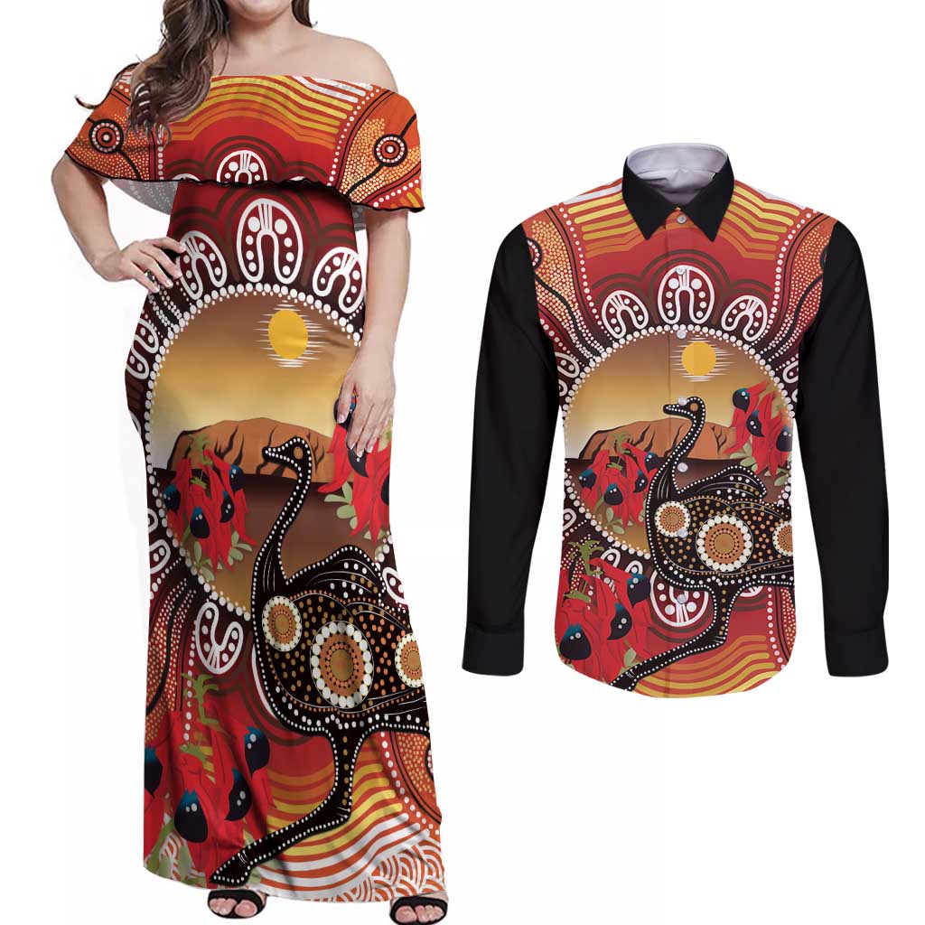 Sturt's Desert Pea And Emu Australia Couples Matching Off Shoulder Maxi Dress and Long Sleeve Button Shirt Uluru Aboriginal Art