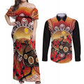 Sturt's Desert Pea And Emu Australia Couples Matching Off Shoulder Maxi Dress and Long Sleeve Button Shirt Uluru Aboriginal Art