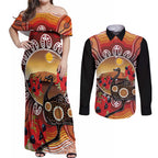 Sturt's Desert Pea And Emu Australia Couples Matching Off Shoulder Maxi Dress and Long Sleeve Button Shirt Uluru Aboriginal Art