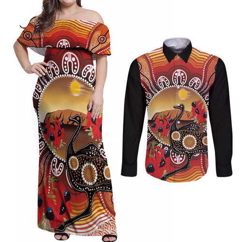 Sturt's Desert Pea And Emu Australia Couples Matching Off Shoulder Maxi Dress and Long Sleeve Button Shirt Uluru Aboriginal Art