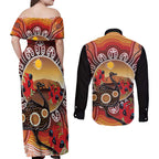 Sturt's Desert Pea And Emu Australia Couples Matching Off Shoulder Maxi Dress and Long Sleeve Button Shirt Uluru Aboriginal Art